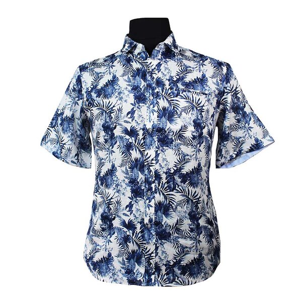 Berlin Floral Linen Print SS Shirt White Navy-shop-by-brands-Beggs Big Mens Clothing - Big Men's fashionable clothing and shoes
