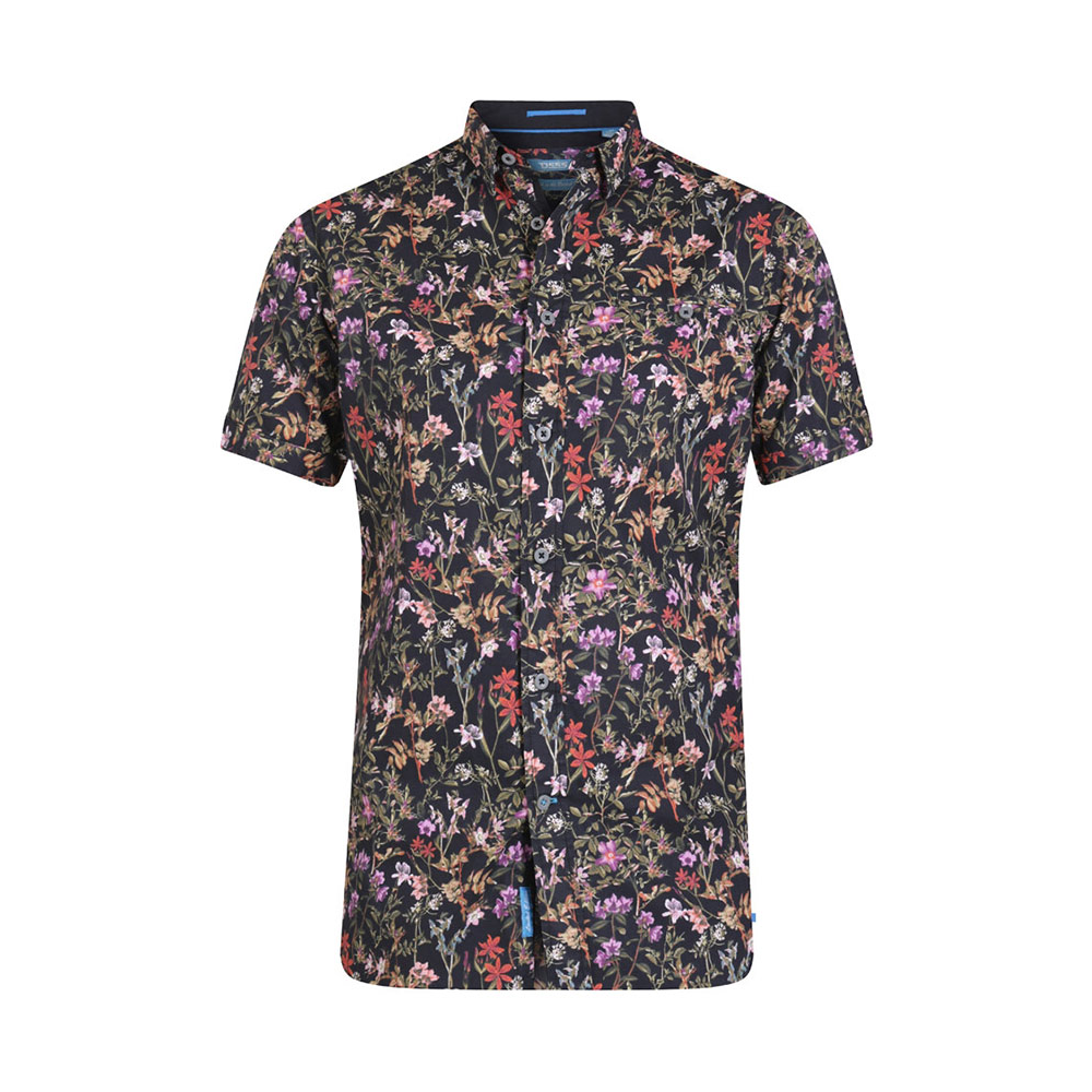 D555 Floral Black Cotton Short Sleeve Shirt