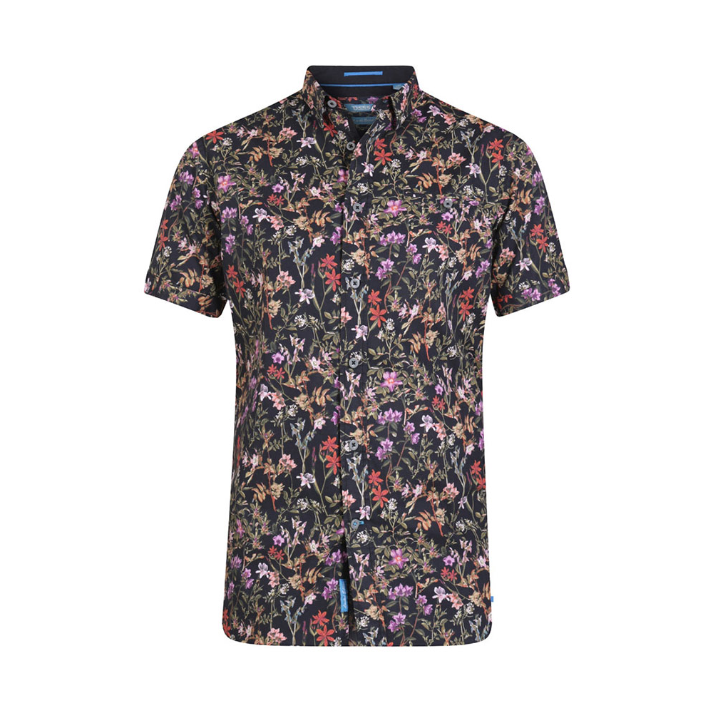 D555 Floral Black Cotton Short Sleeve Shirt