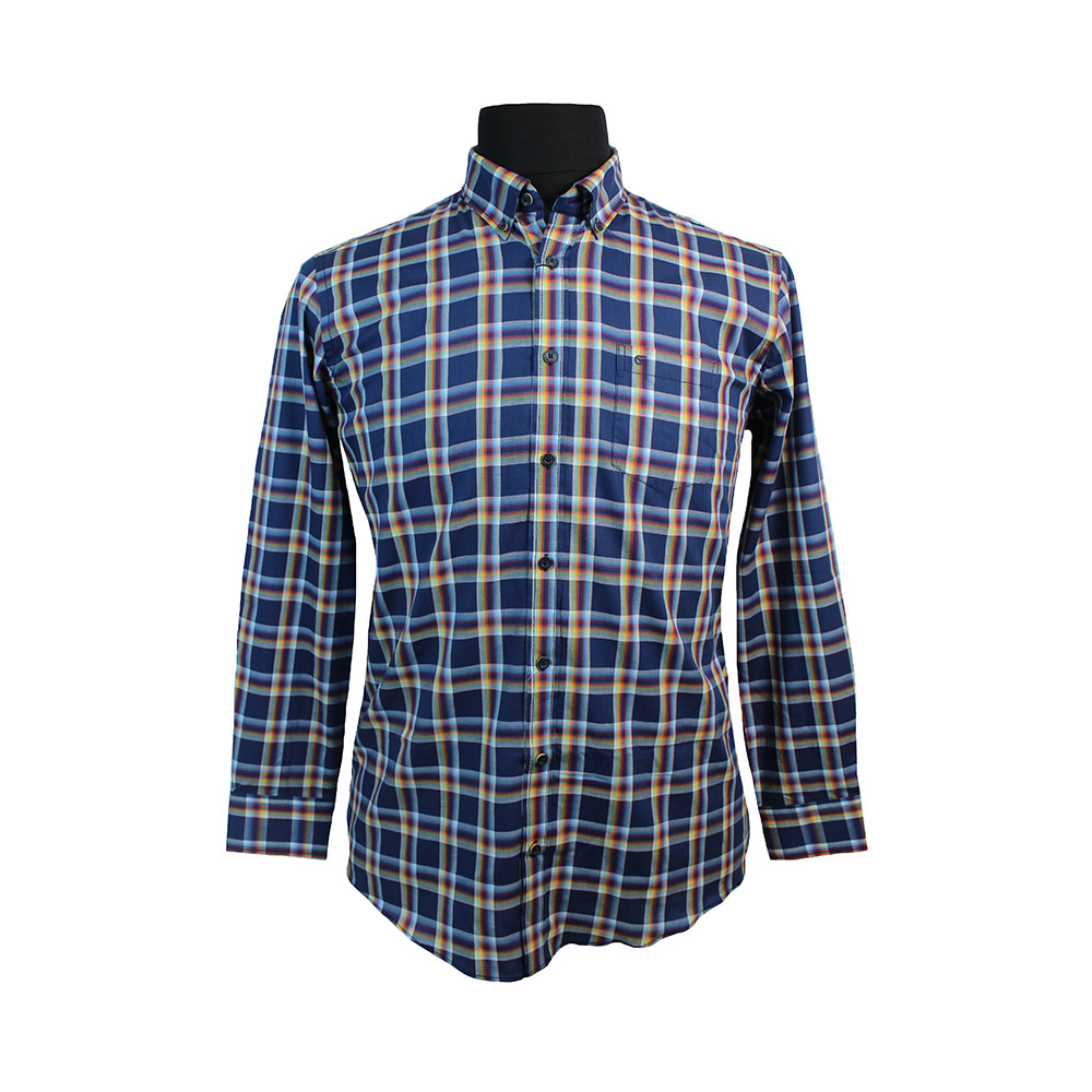 Casa Moda Navy Orange Check Button Down LS Shirt