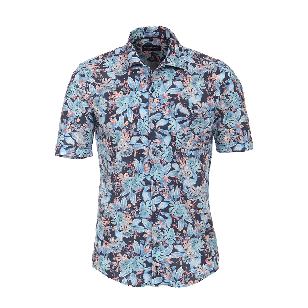 Casa Moda Blue Tropical Revere Collar Short Sleeve Shirt