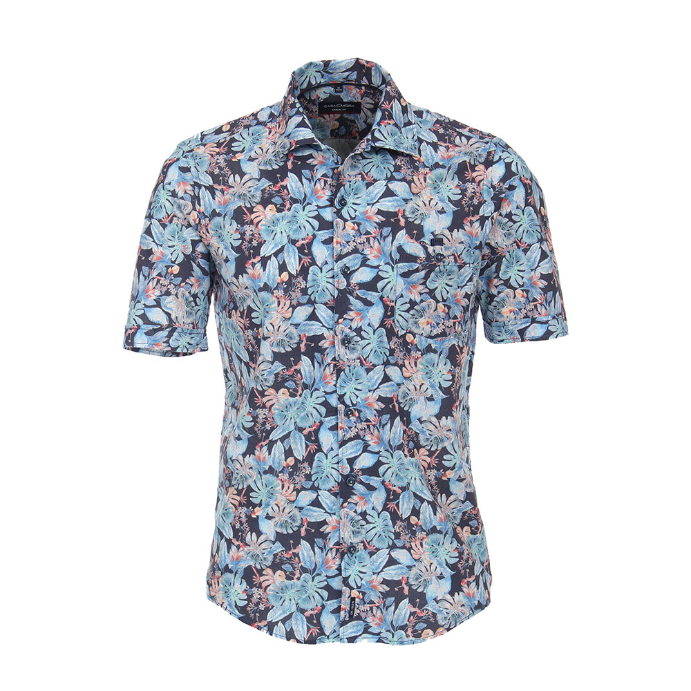 Casa Moda Blue Tropical Revere Collar Short Sleeve Shirt