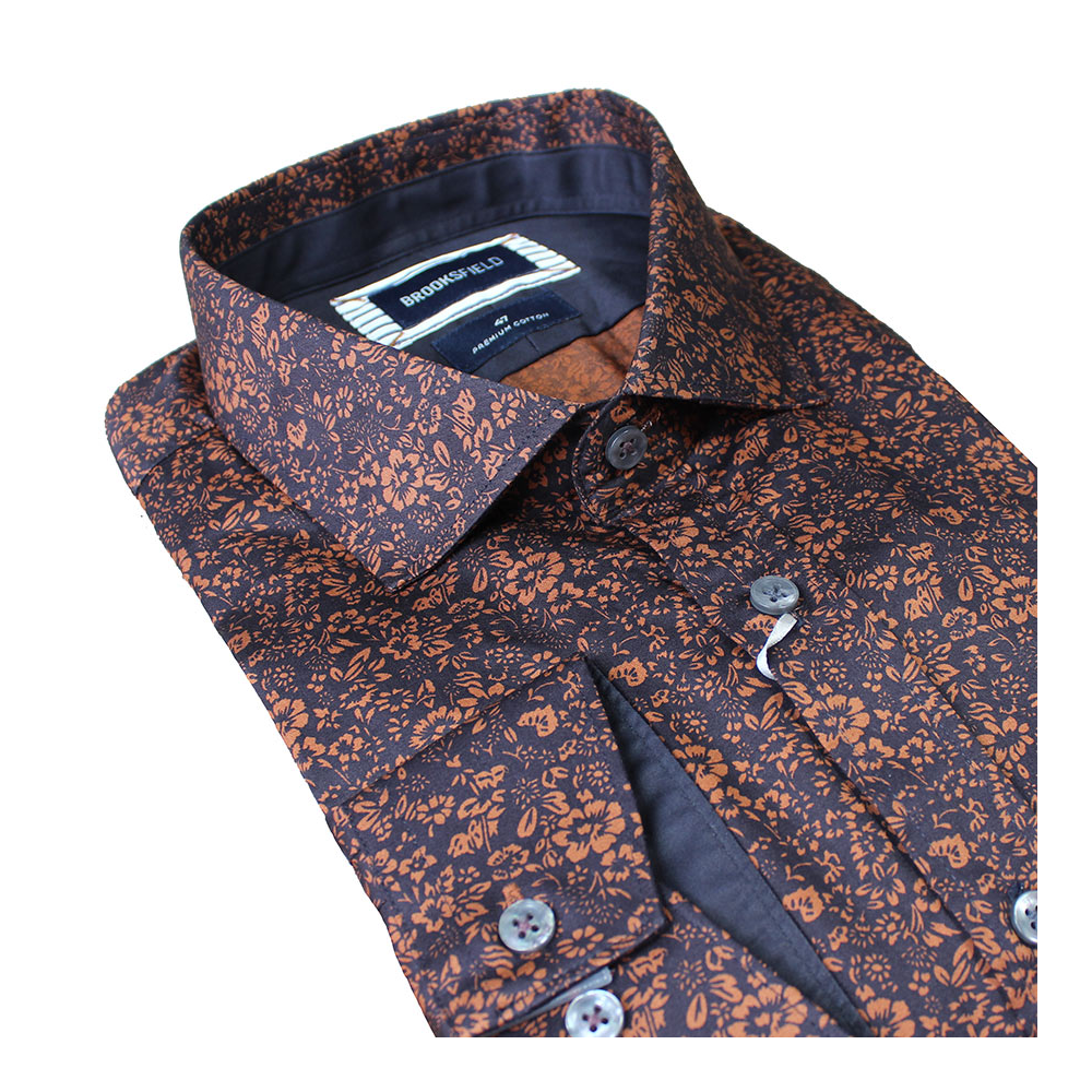 Brooksfield Floral Pattern Coffee Business Shirt