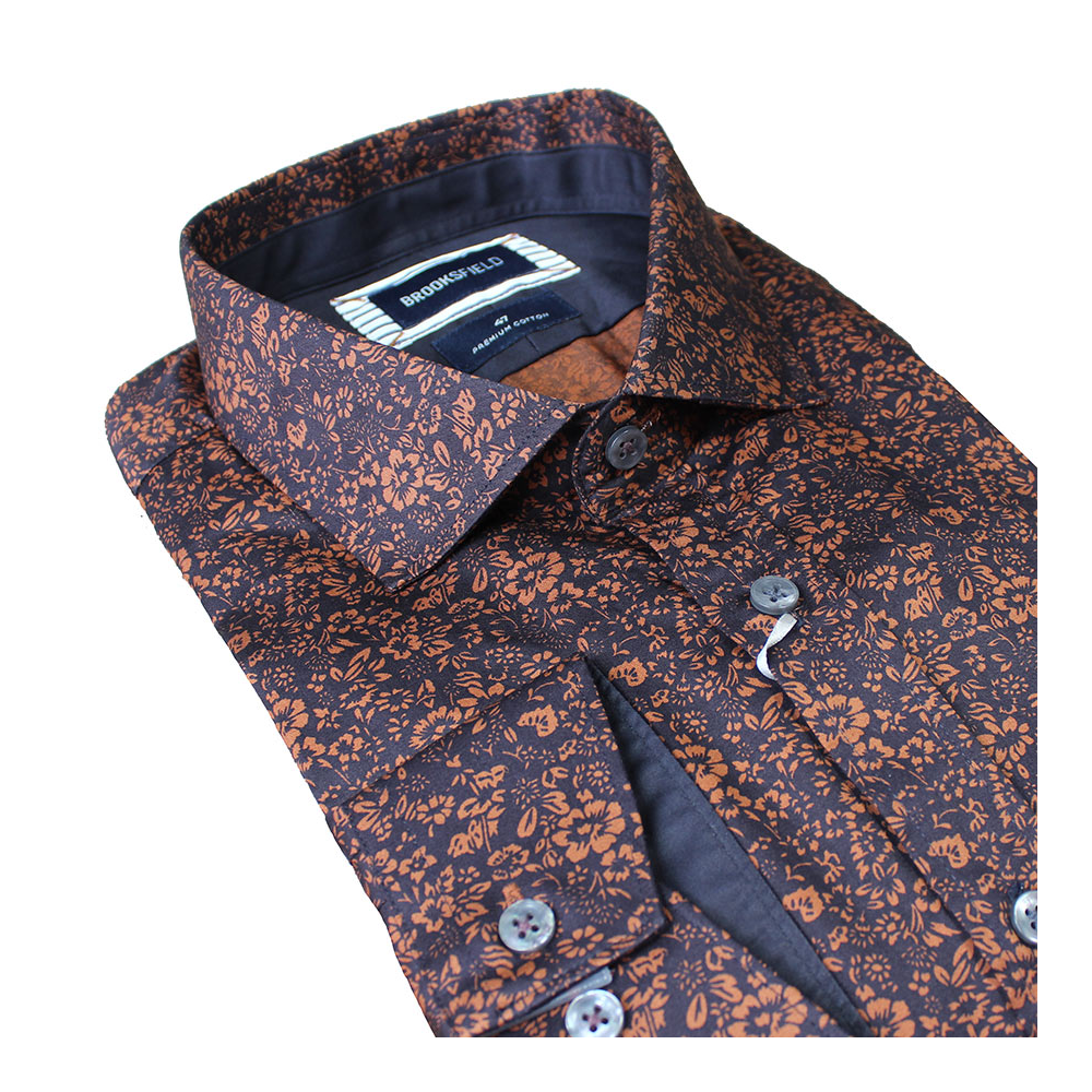 Brooksfield Floral Pattern Coffee Business Shirt