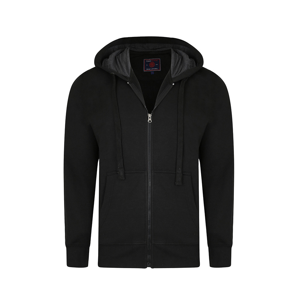 Kam Cotton Mix Plain Full Zip Hoody Black