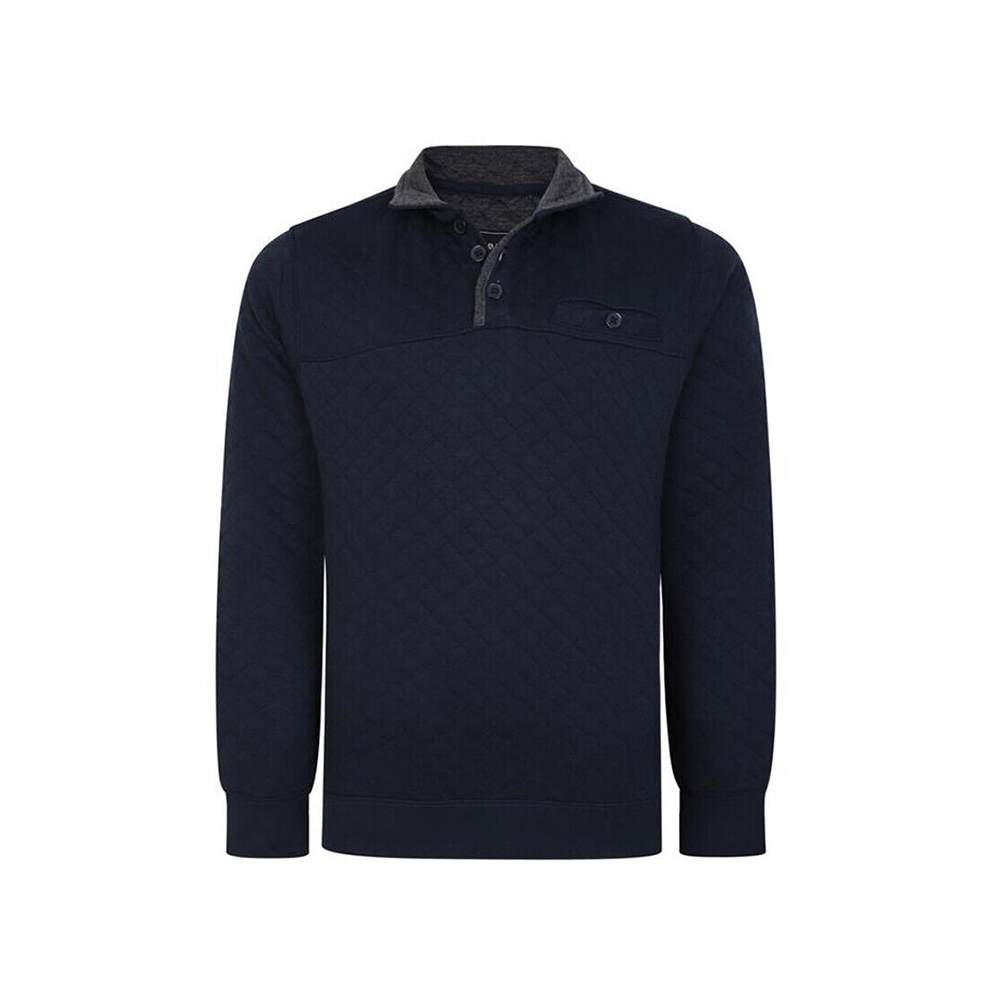 Kam Quilted Jersey Sweater Quarter Button Up Navy