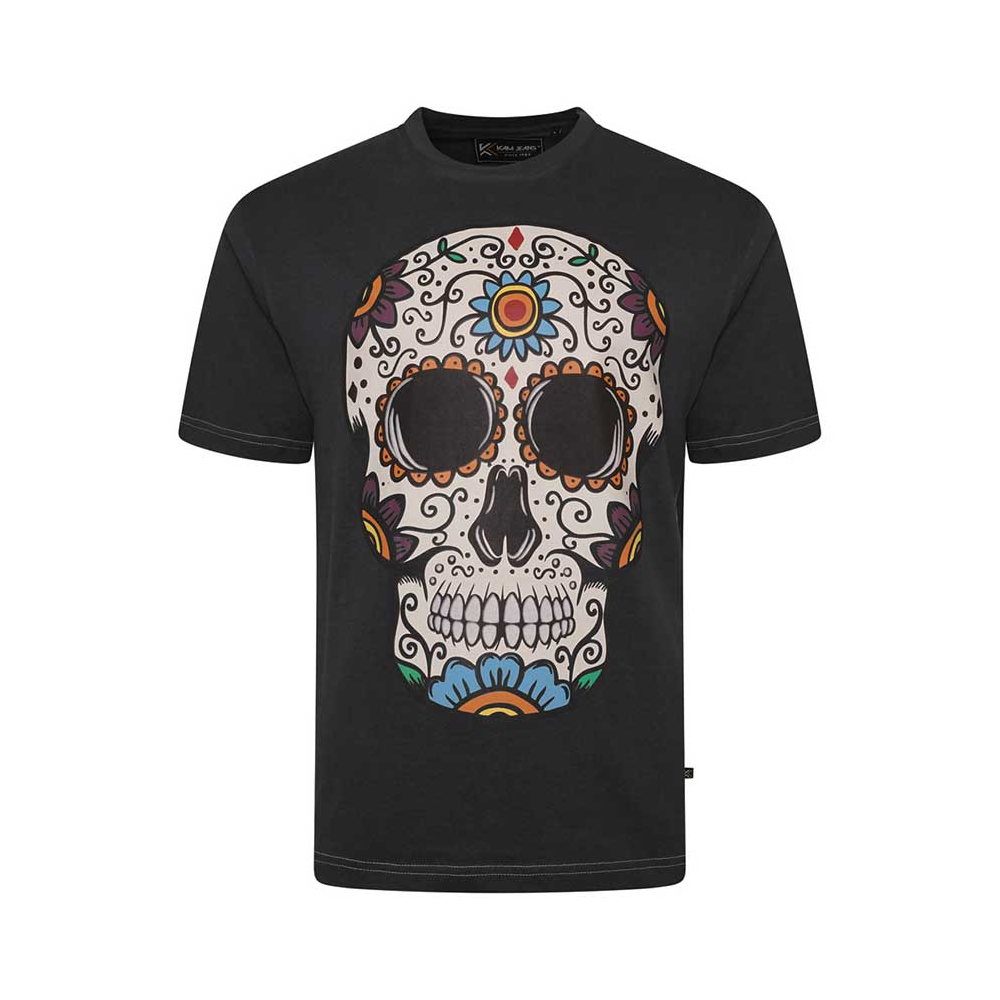 Kam Coloured Skull Print Tee Black
