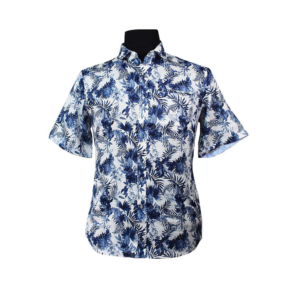 Berlin Floral Linen Print SS Shirt White Navy