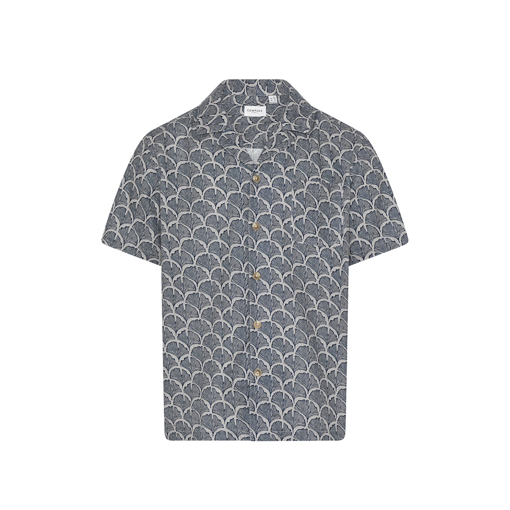 COMPASS - Campione Leaf Pattern Linen Mix Shirt Navy