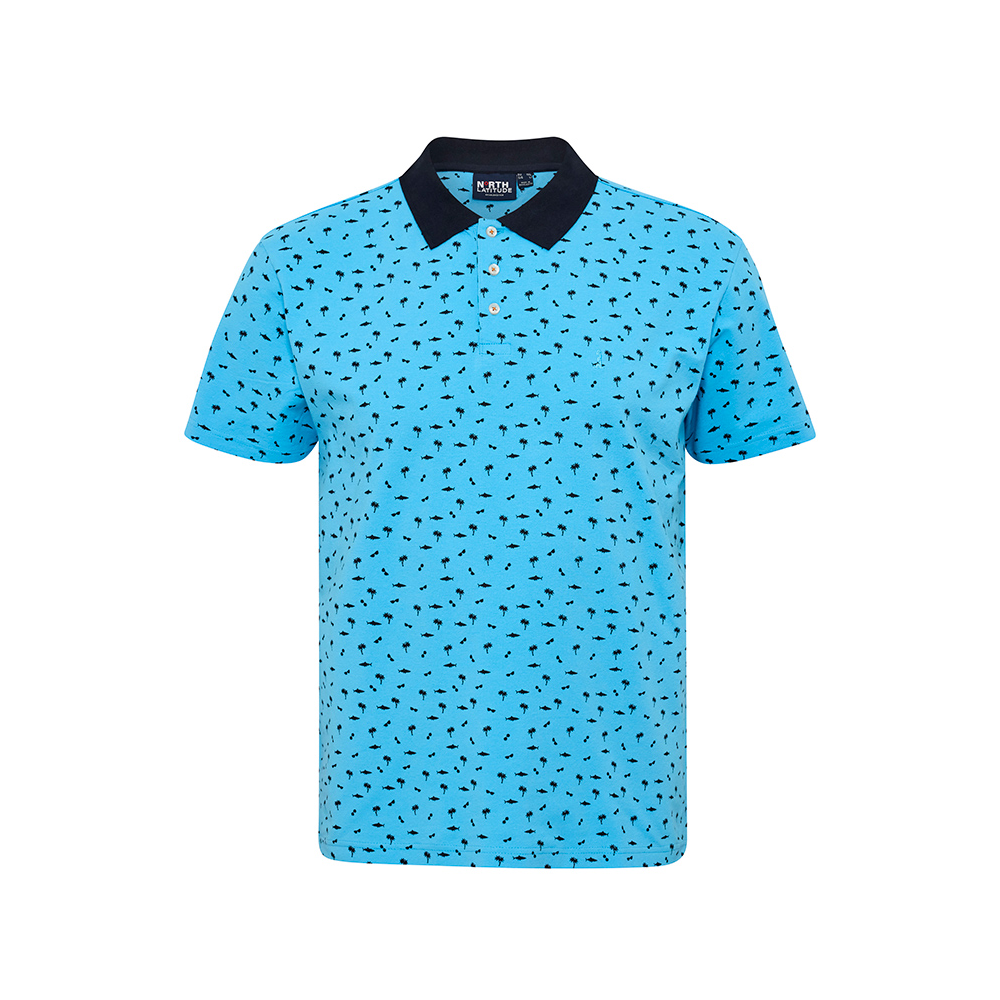 NORTH LATITUDE - Shark Pattern Stretch Cotton Polo Turquoise