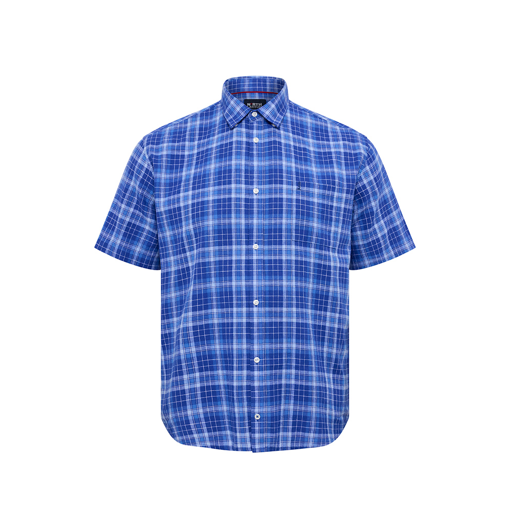 NORTH LATITUDE - Linen Cotton Check Shirt SS Cobolt Blue