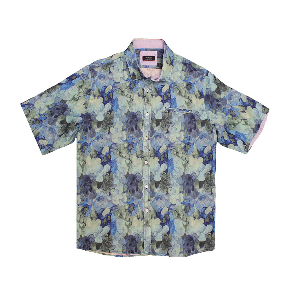 BERLIN - Linen Clover Print SS Shirt Blue Green