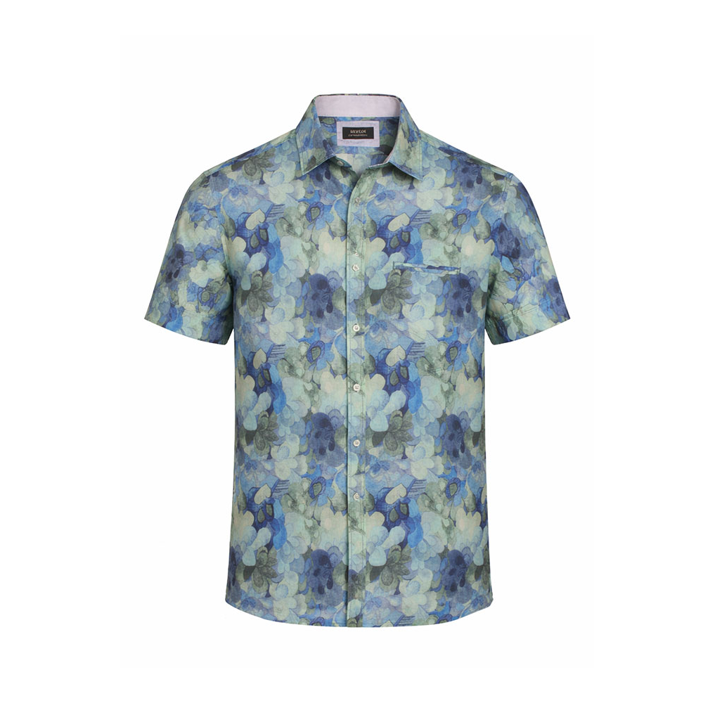 BERLIN - Linen Clover Print SS Shirt Blue Green