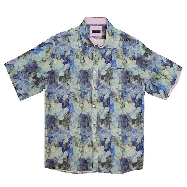 BERLIN - Linen Clover Print SS Shirt Blue Green-shop-by-brands-Beggs Big Mens Clothing - Big Men's fashionable clothing and shoes