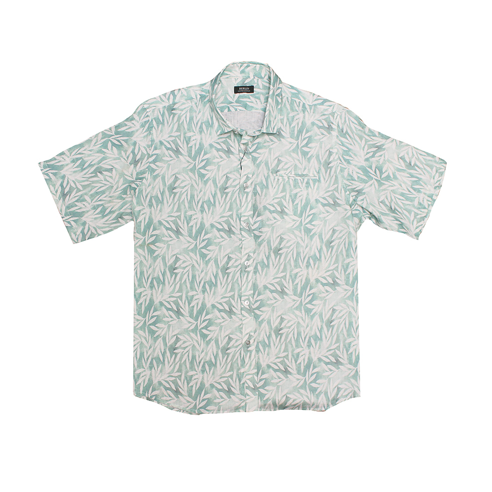BERLIN - Linen Faded Leaf Print SS Shirt Green