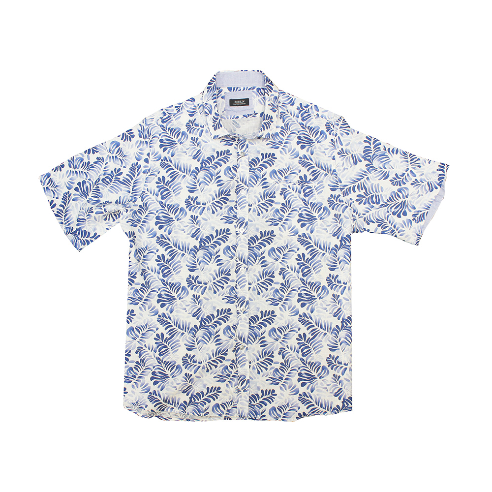 BERLIN - Linen Palm Leaf Print SS Shirt Navy White