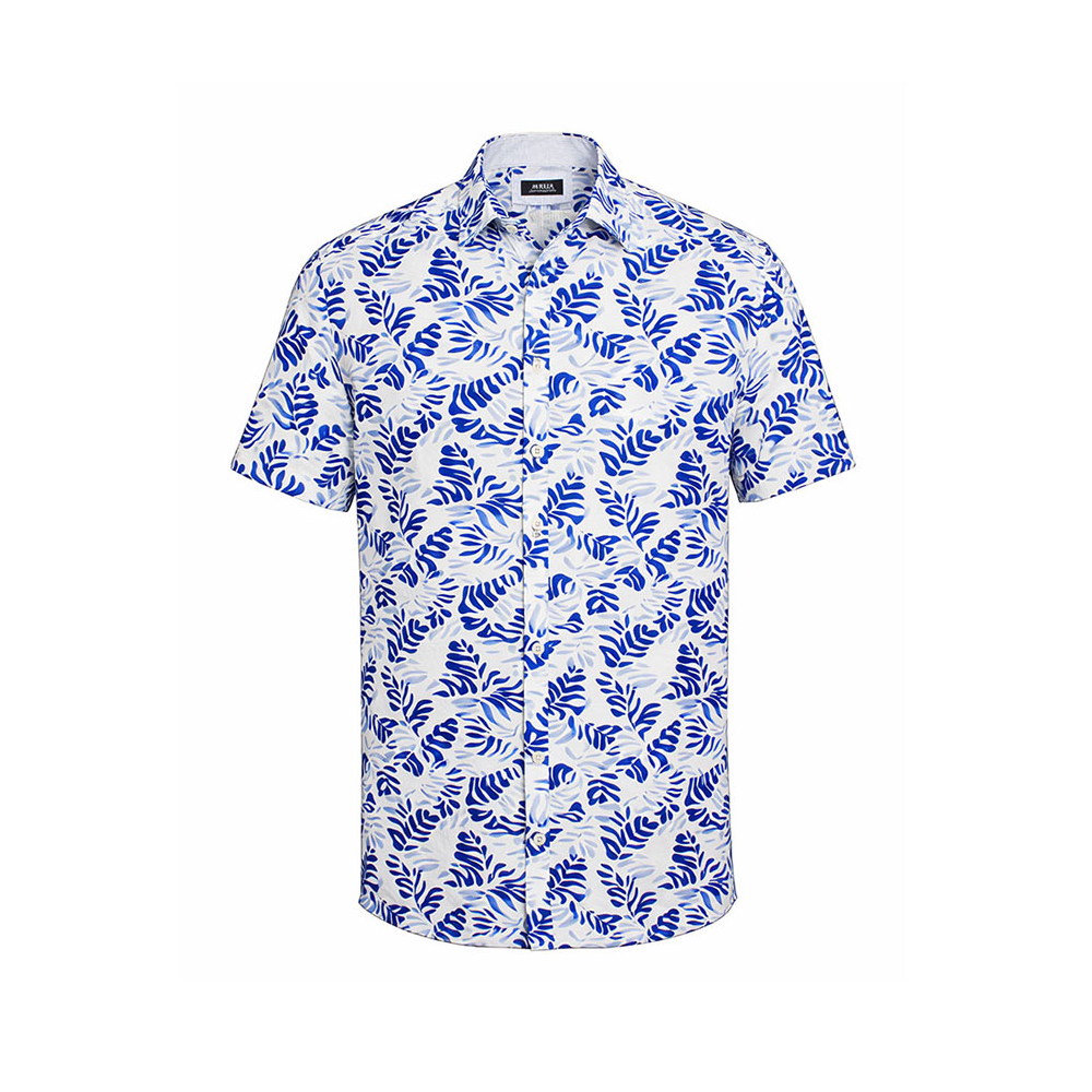 BERLIN - Linen Palm Leaf Print SS Shirt Navy White