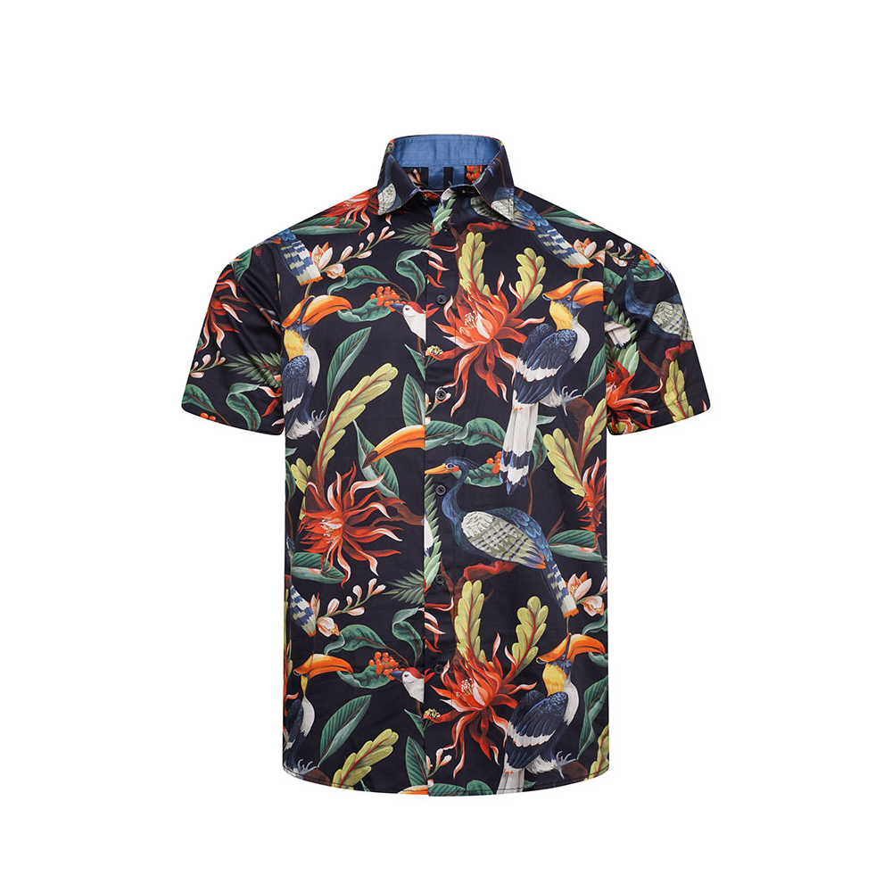 KAM - Bird Pattern Tropical SS Shirt Navy