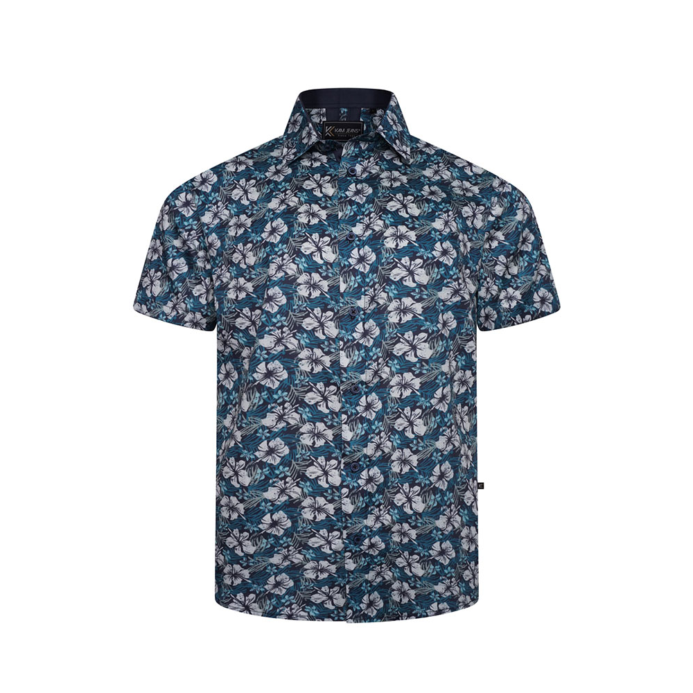 KAM - Hibiscus Floral Pattern SS Shirt Teal