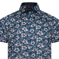 KAM - Hibiscus Floral Pattern SS Shirt Teal