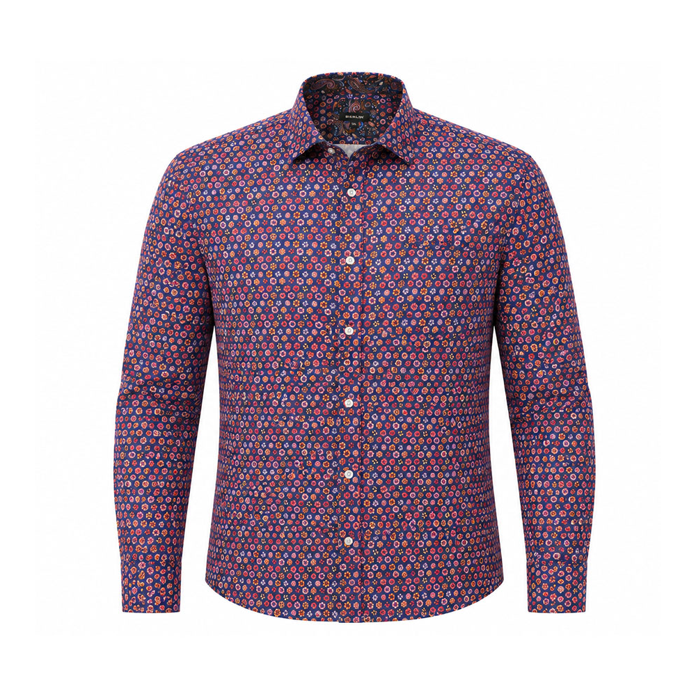 BERLIN - Kaleidescope Long Sleeve Fine Cotton Shirt Navy Red